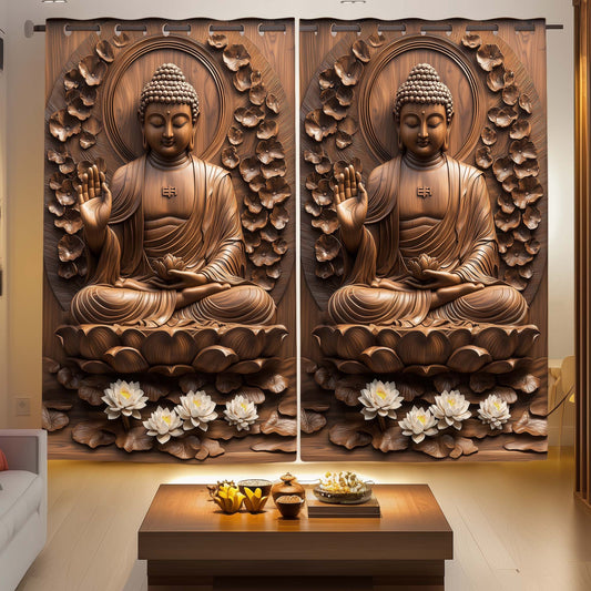 Spiritual Buddha Designer Room Darkening Curtains  – Wooden Carved Look Drapes for Peaceful Homes