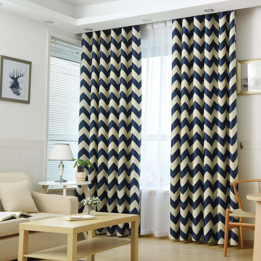 Premium Blackout Geometric Curtains - Dark Blue Wave(Set of 2)