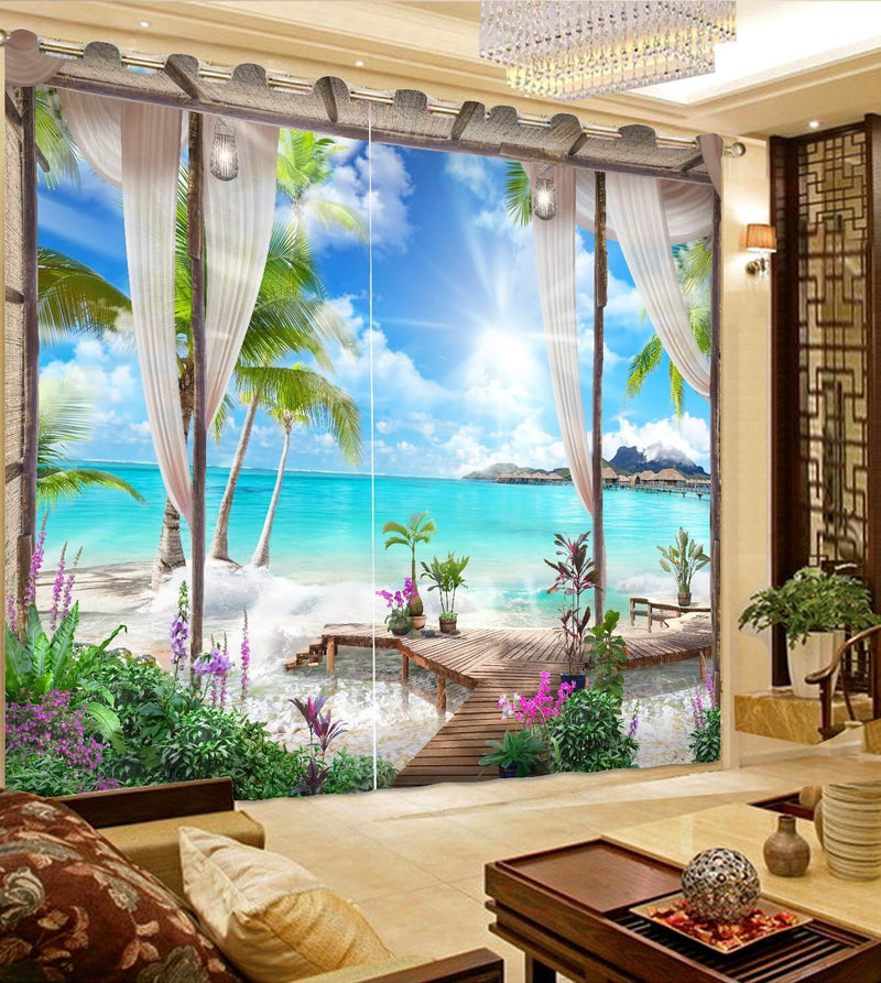 Premium Blackout Digital Curtains - Sunny Day at Beach(Set of 2) 2024 Edition