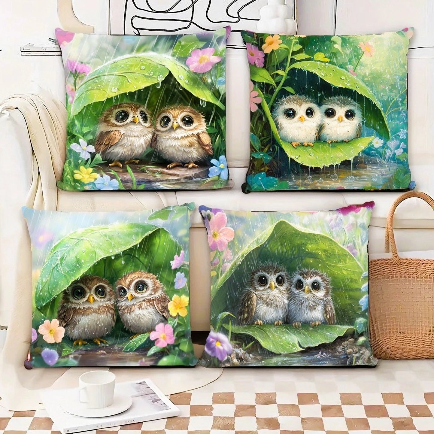 Adorable Owl Cushion Covers – Rainy Day Theme Pillow Covers for Sofa & Home Decor Set of 4