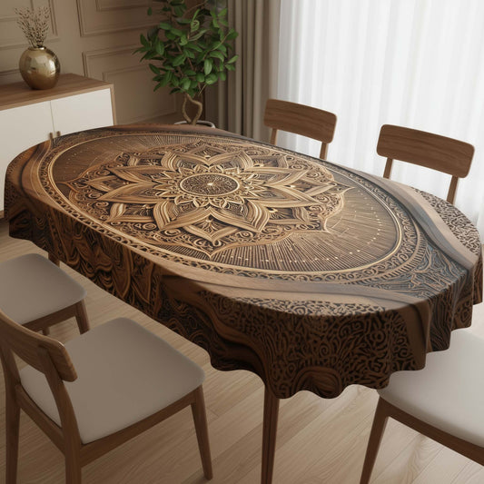 Antique Walnut Carved Mandala Oval Table Cover – Premium Wooden Texture Dining Tablecloth