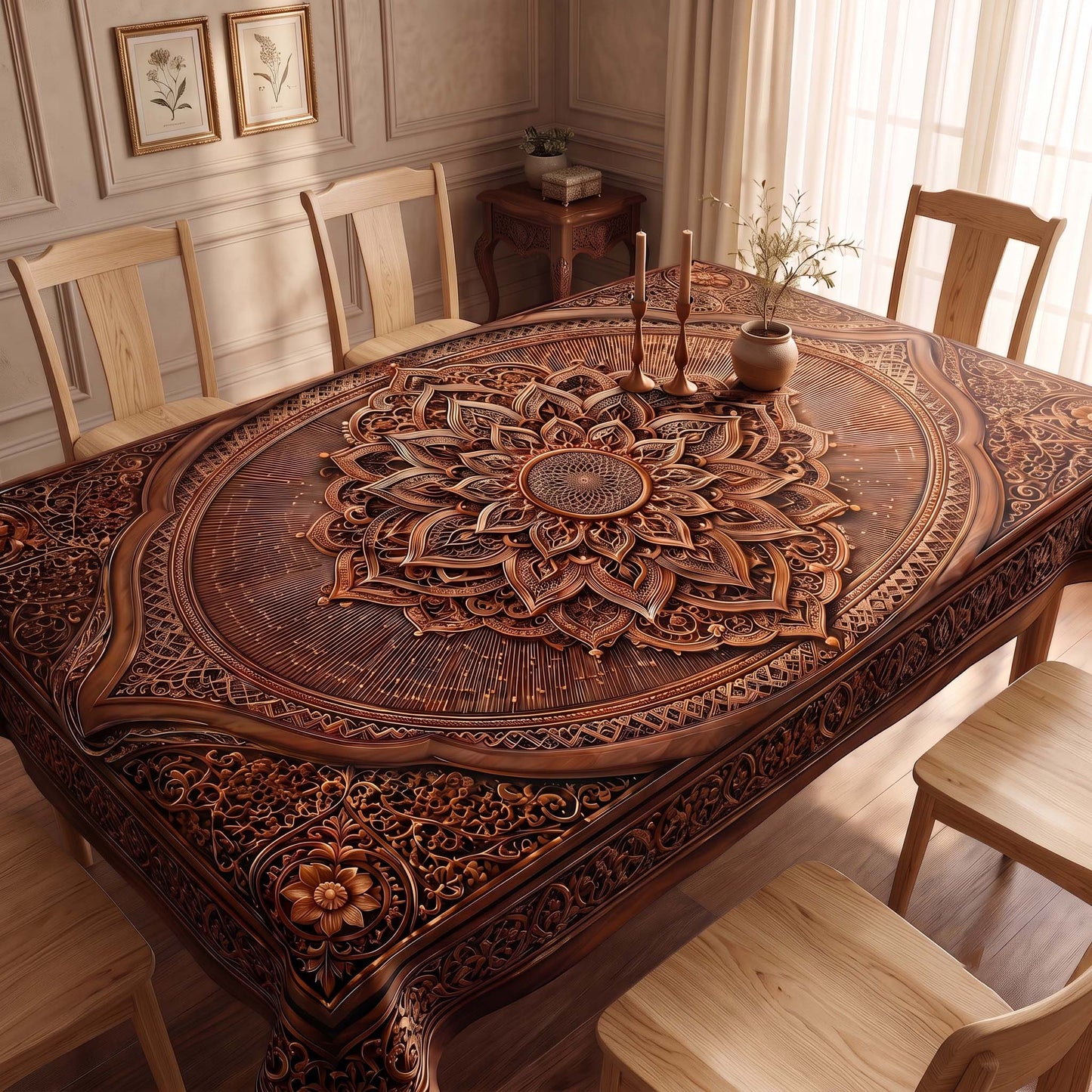 Antique Walnut Carved Mandala Table Cover – Premium Wooden Texture Dining Tablecloth