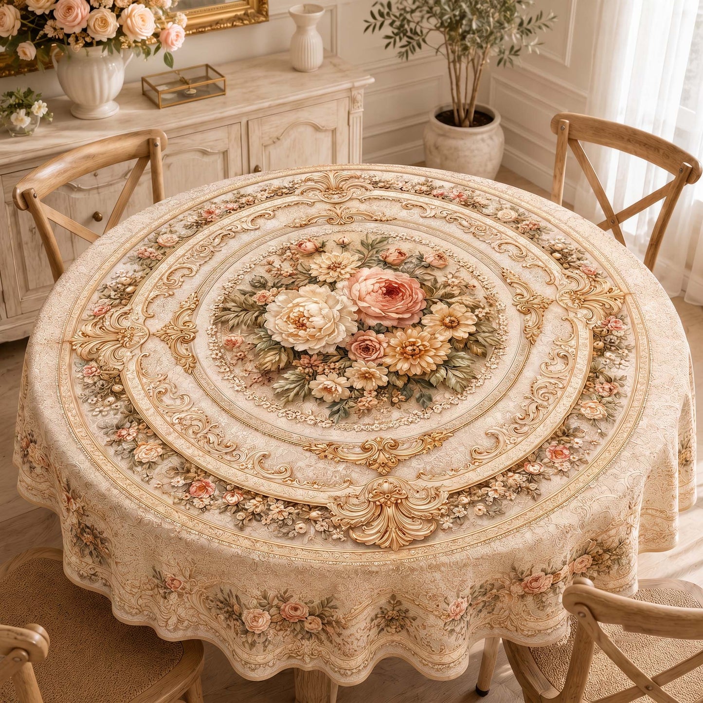Champagne Blush Floral Round Table Cover – Elegant Tablecloth for Festive & Everyday Dining