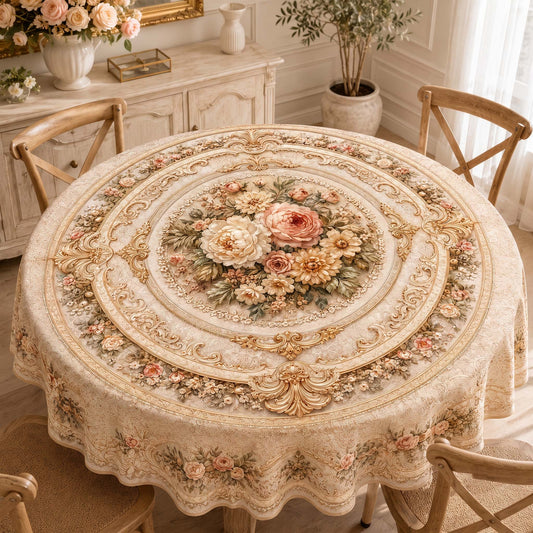 Champagne Blush Floral Round Table Cover – Elegant Tablecloth for Festive & Everyday Dining
