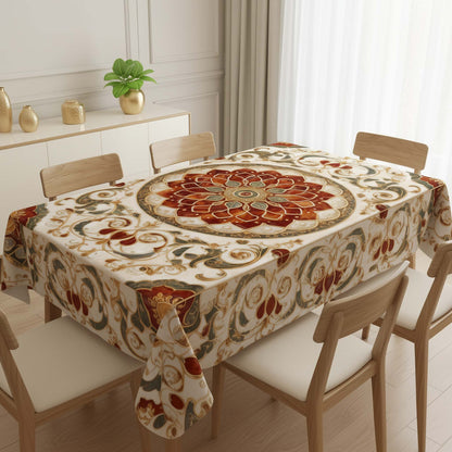 Classic Cream & Amber Mandala Table Cover – Ornate Royal Dining Tablecloth for Classic & Modern Homes