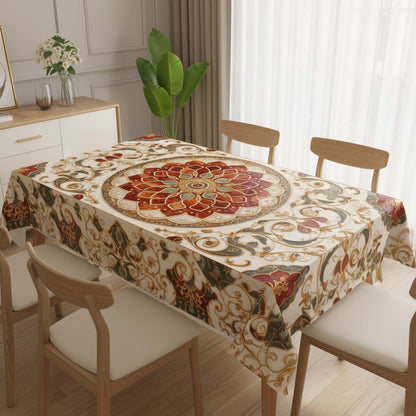 Classic Cream & Amber Mandala Table Cover – Ornate Royal Dining Tablecloth for Classic & Modern Homes