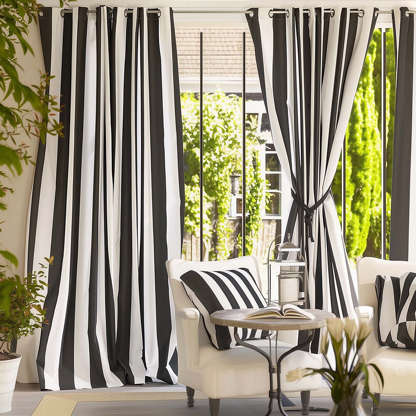Classic Vintage Style Premium Blackout Curtains - Black & White Striped(Set of 2)