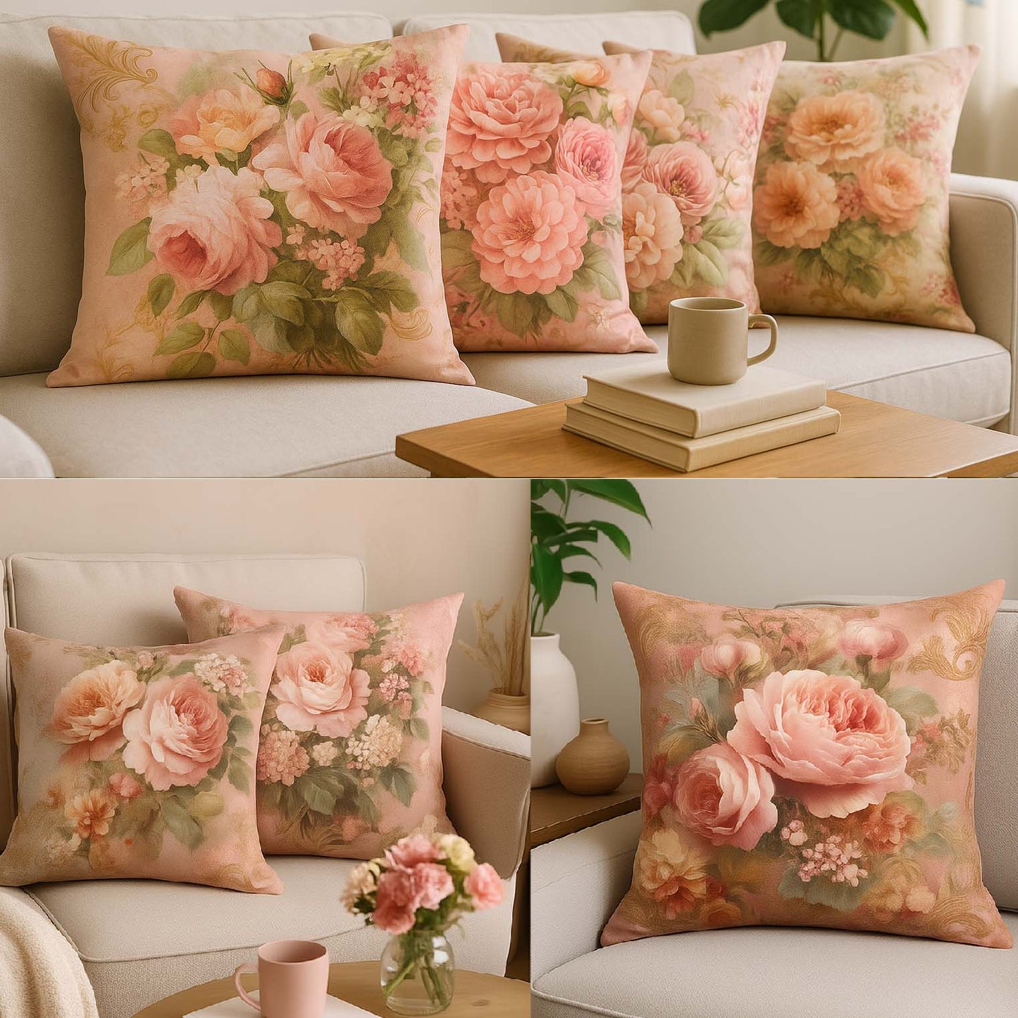 Cotton Feel Elegant Peach Rose Blossom Cushion Covers – Premium Floral Print Pillow Covers(Set of 5)