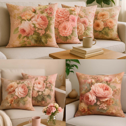 Cotton Feel Elegant Peach Rose Blossom Cushion Covers – Premium Floral Print Pillow Covers(Set of 5)