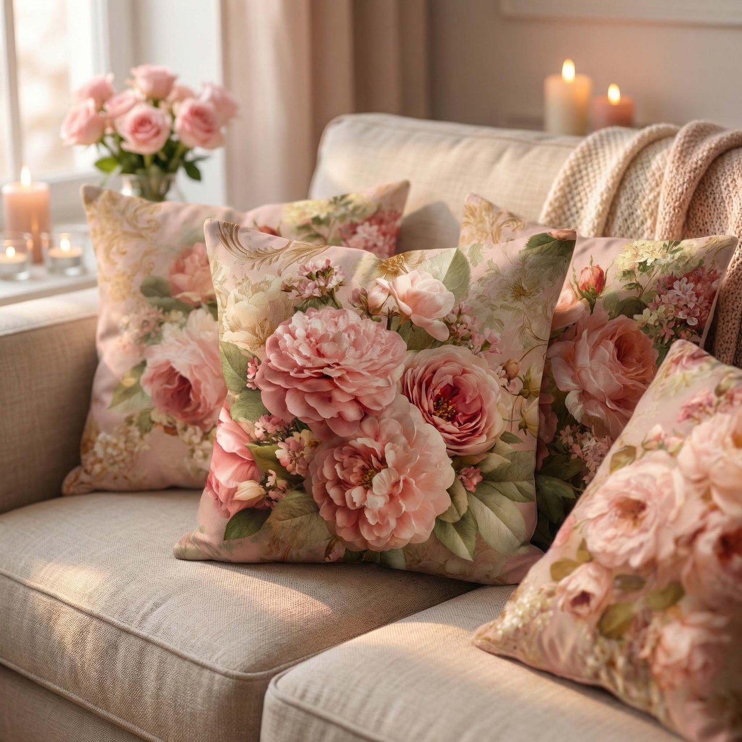 Cotton Feel Elegant Peach Rose Blossoms Cushion Covers – Premium Floral Print Pillow Covers(Set of 5)