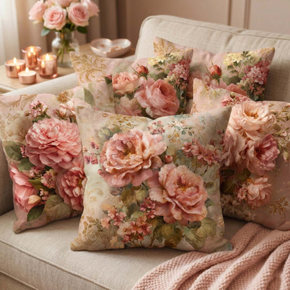 Cotton Feel Elegant Peach Rose Blossoms Cushion Covers – Premium Floral Print Pillow Covers(Set of 5)