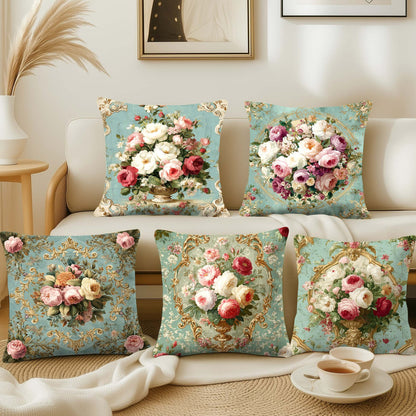 Cotton Feel Elegant Rose Bouquet Cushion Covers – Premium Vintage Floral Print Pillow Covers(Set of 5)