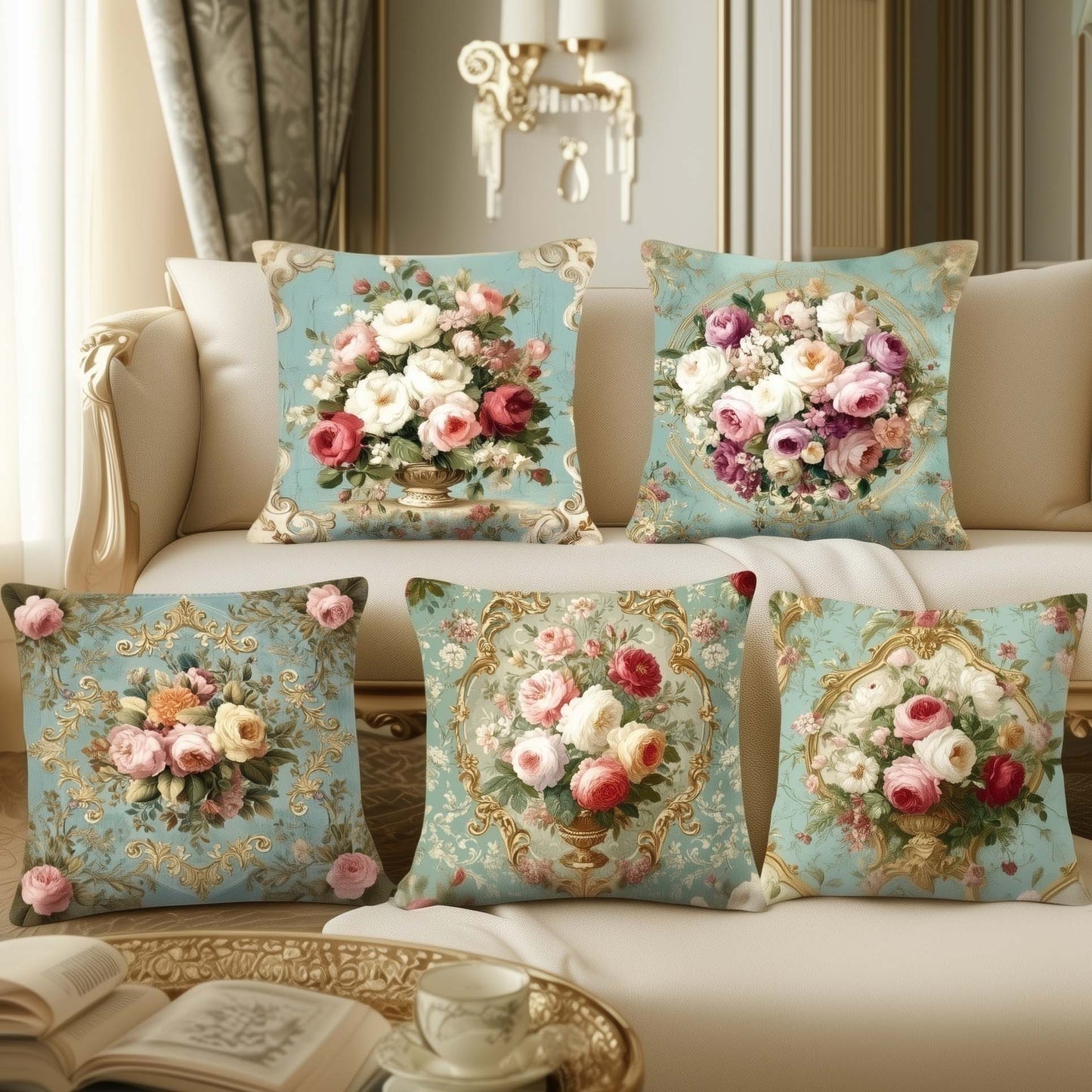 Cotton Feel Elegant Rose Bouquet Cushion Covers – Premium Vintage Floral Print Pillow Covers(Set of 5)