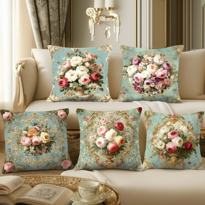 Cotton Feel Elegant Rose Bouquet Cushion Covers – Premium Vintage Floral Print Pillow Covers(Set of 5)