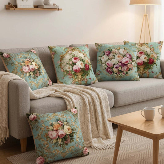 Cotton Feel Elegant Rose Bouquet Cushion Covers – Premium Vintage Floral Print Pillow Covers(Set of 5)