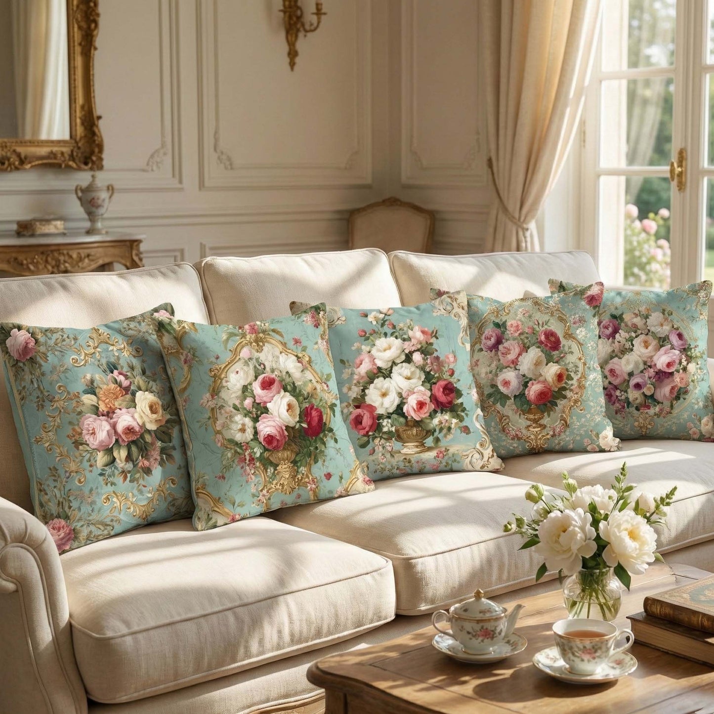 Cotton Feel Elegant Rose Bouquet Cushion Covers – Premium Vintage Floral Print Pillow Covers(Set of 5)