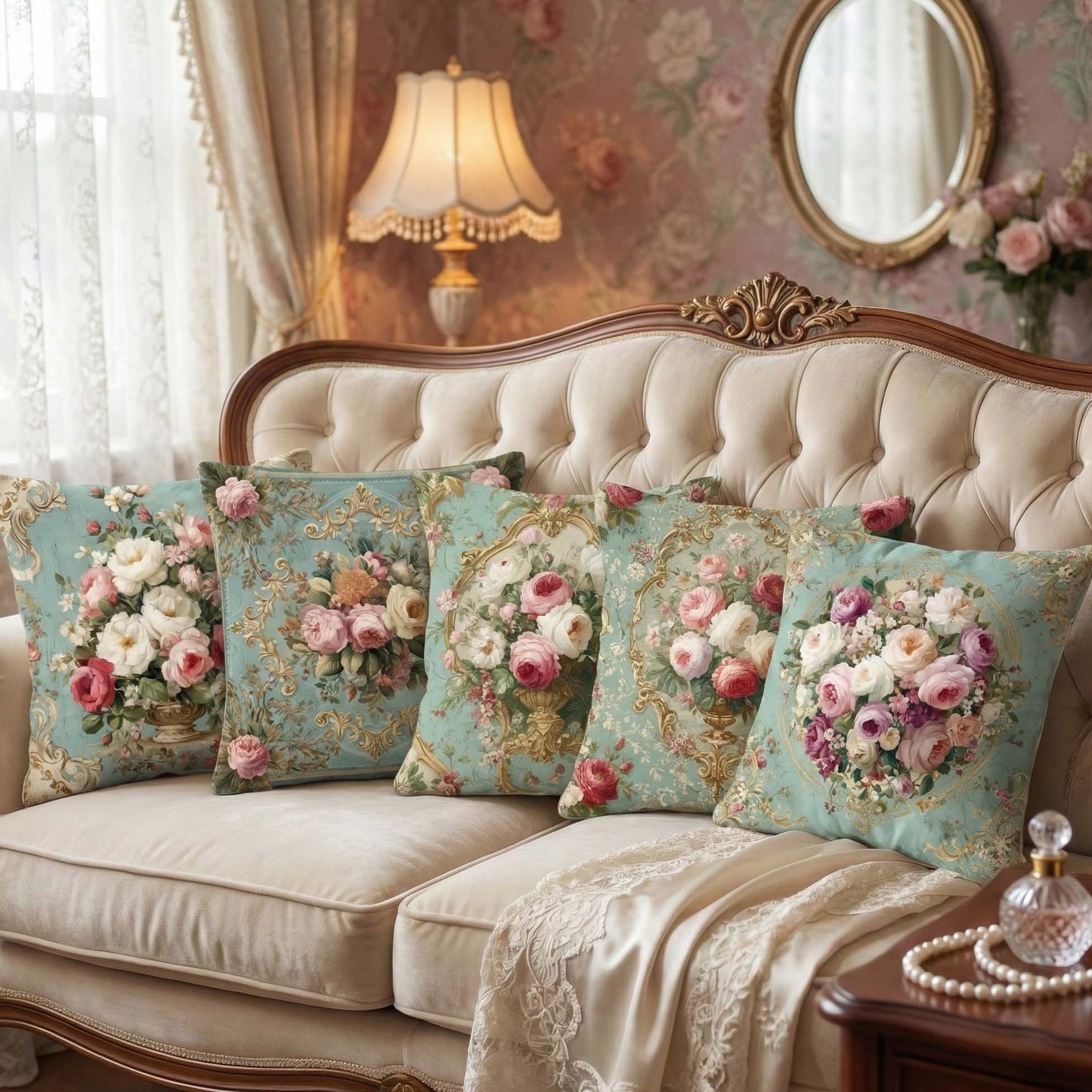 Cotton Feel Elegant Rose Bouquet Cushion Covers – Premium Vintage Floral Print Pillow Covers(Set of 5)