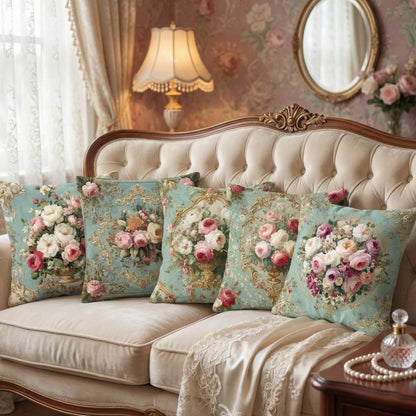 Cotton Feel Elegant Rose Bouquet Cushion Covers – Premium Vintage Floral Print Pillow Covers(Set of 5)