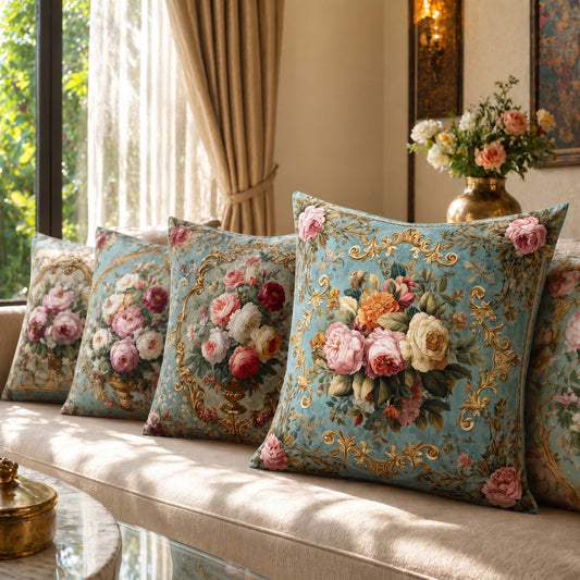 Cotton Feel Elegant Rose Bouquet Cushion Covers – Premium Vintage Floral Print Pillow Covers(Set of 5)