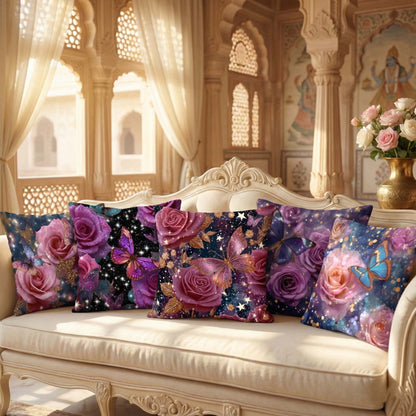 Cotton Feel Enchanted Rose Butterfly Cushion Covers – Designer Pillow Covers for Elegant Living Room(Set of 5)