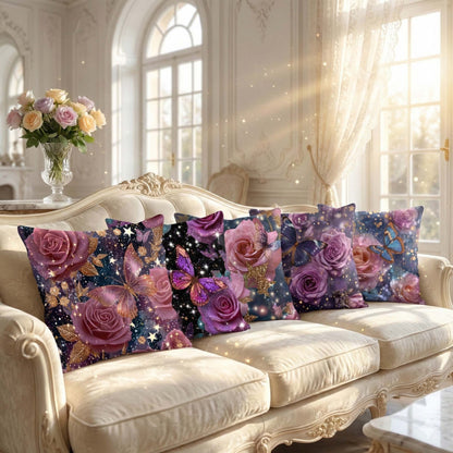 Cotton Feel Enchanted Rose Butterfly Cushion Covers – Designer Pillow Covers for Elegant Living Room(Set of 5)