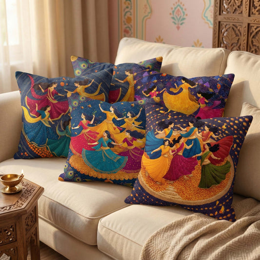 Cotton Feel Ethnic Indian Dance Cushion Covers – Traditional Indian Art Luxury Sofa Pillow Covers(Set of 4)