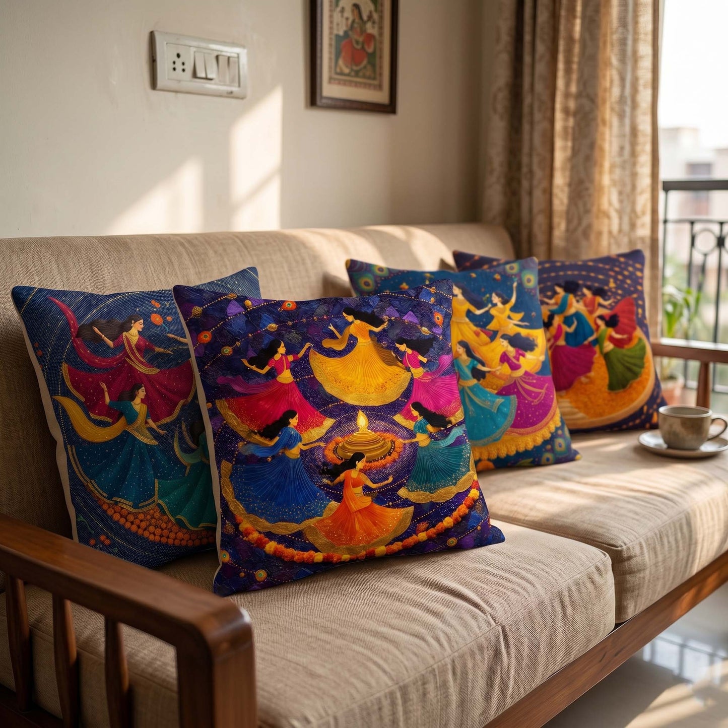 Cotton Feel Ethnic Indian Dance Cushion Covers – Traditional Indian Art Luxury Sofa Pillow Covers(Set of 4)