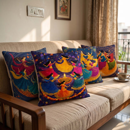 Cotton Feel Ethnic Indian Dance Cushion Covers – Traditional Indian Art Luxury Sofa Pillow Covers(Set of 4)