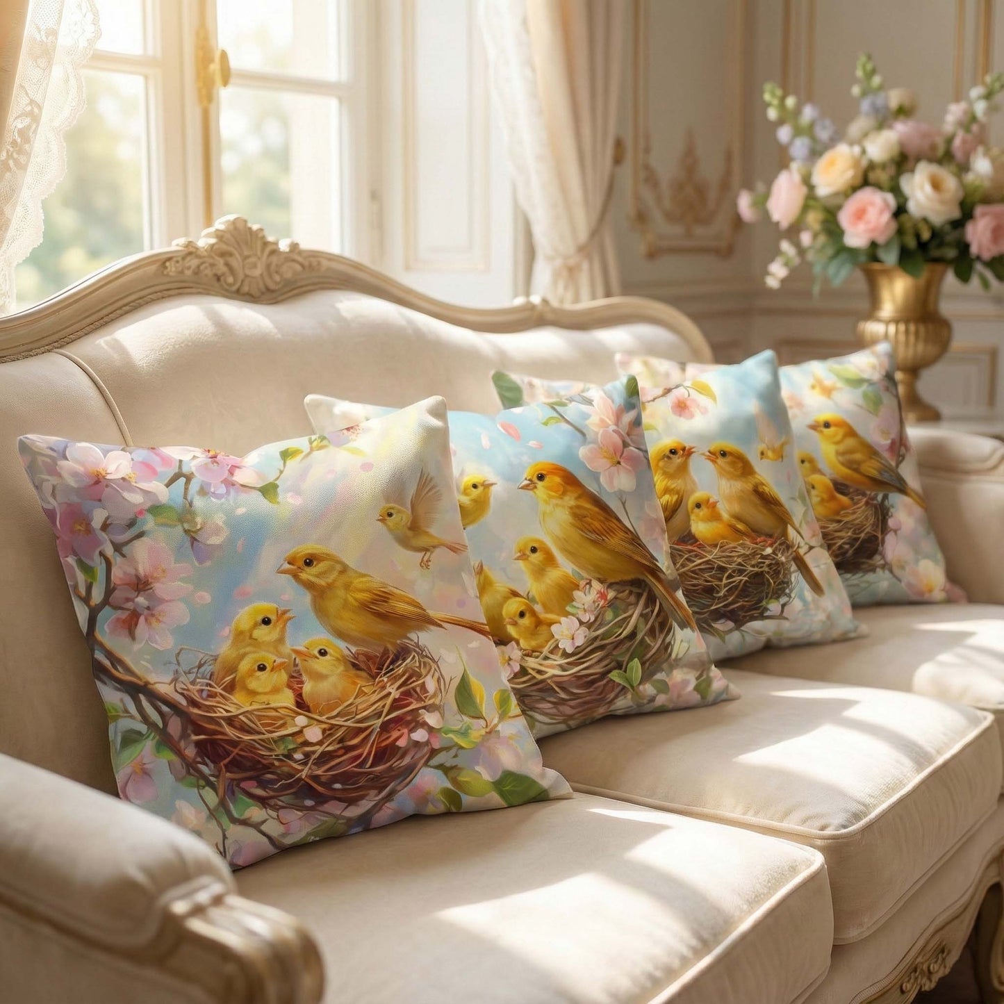 Cotton Feel Golden Nest Birds Cushion Covers – Premium Spring Floral Sofa Pillow Covers(Set of 5)