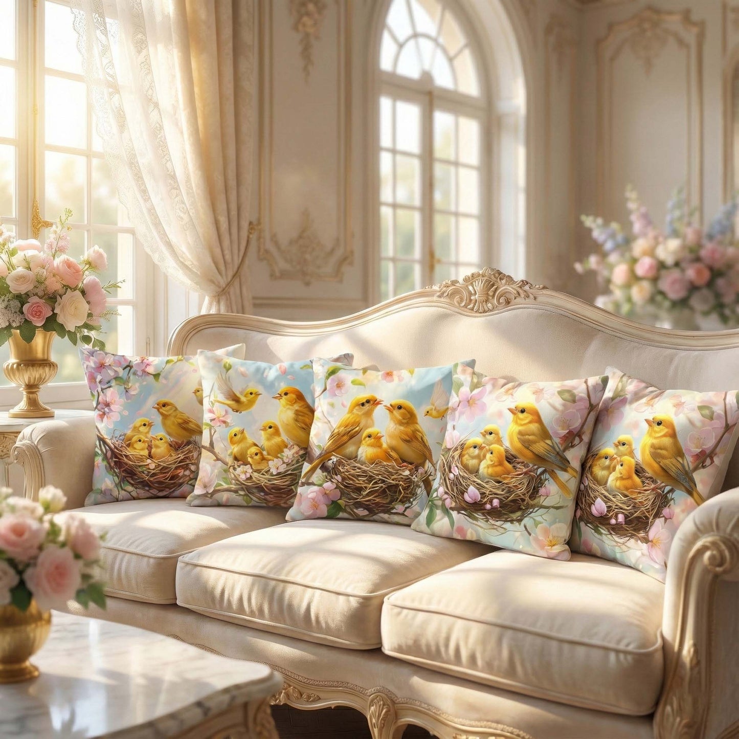 Cotton Feel Golden Nest Birds Cushion Covers – Premium Spring Floral Sofa Pillow Covers(Set of 5)