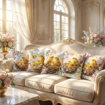 Cotton Feel Golden Nest Birds Cushion Covers – Premium Spring Floral Sofa Pillow Covers(Set of 5)