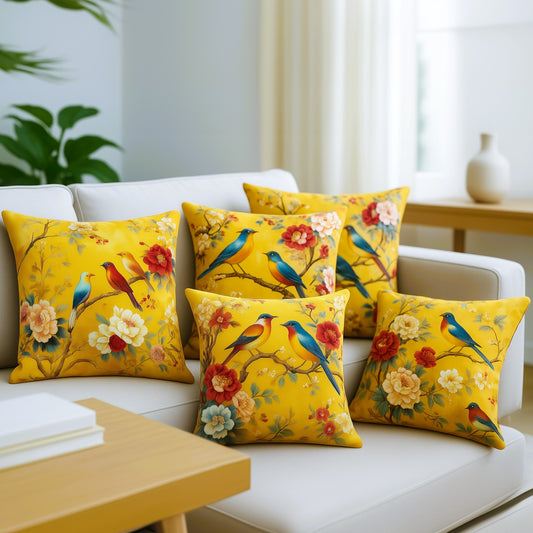 Cotton Feel Golden Yellow Bird & Blossom Cushion Covers – Vibrant Sofa Decor Pillow Covers(Set of 5)