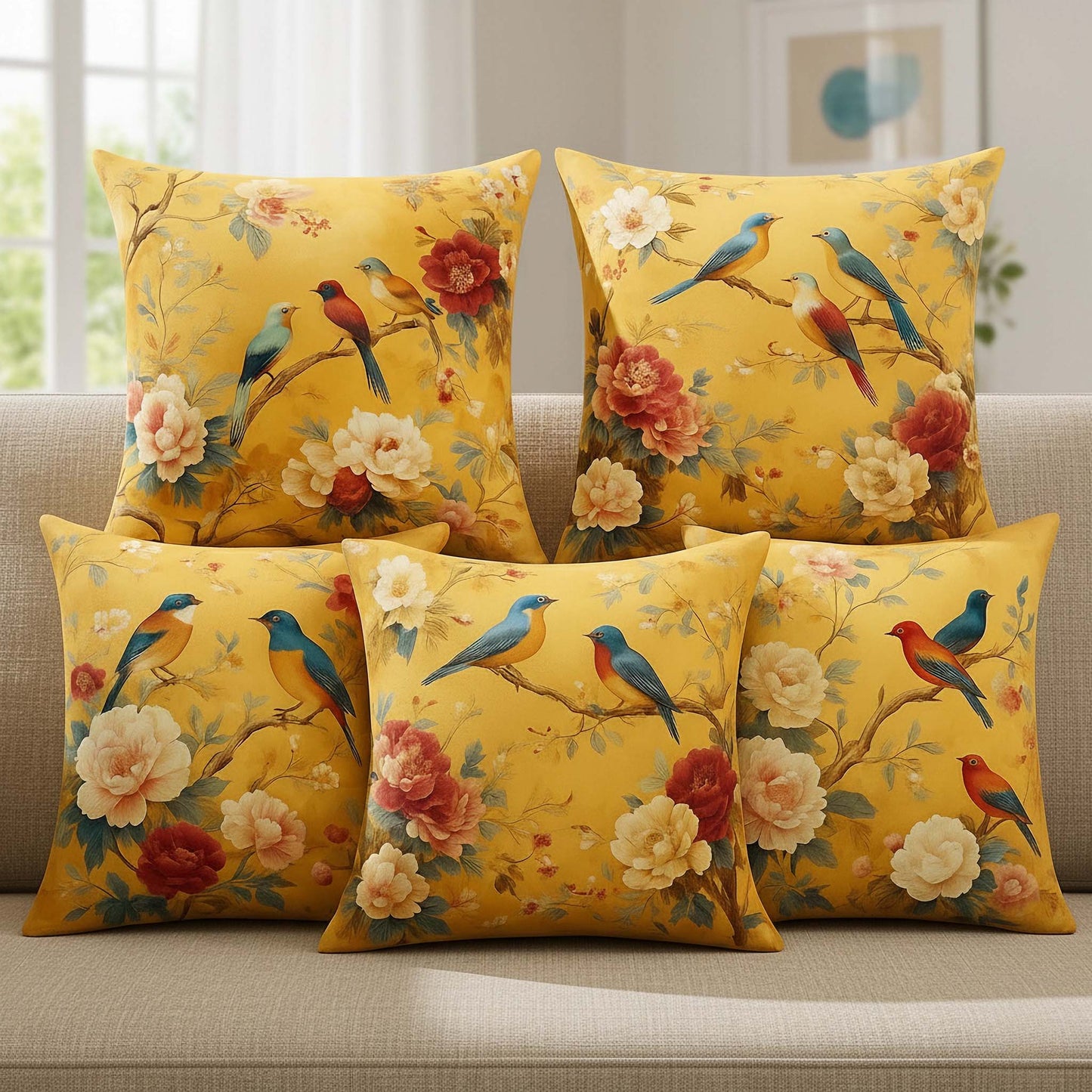 Cotton Feel Golden Yellow Bird & Blossom Cushion Covers – Vibrant Sofa Decor Pillow Covers(Set of 5)