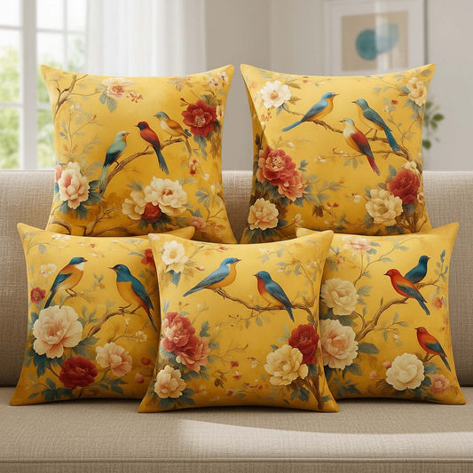 Cotton Feel Golden Yellow Bird & Blossom Cushion Covers – Vibrant Sofa Decor Pillow Covers(Set of 5)