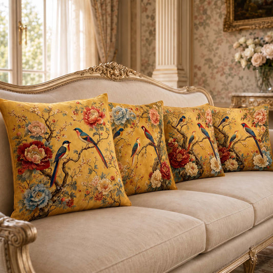 Cotton Feel Golden Yellow Birds & Blossoms Cushion Covers – Vibrant Sofa Decor Pillow Covers(Set of 5)