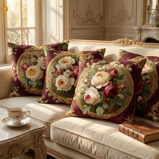 Cotton Feel Imperial Maroon Rose Cushion Covers – Luxury Floral Pillow Covers for Elegant Homes(Set of 5)
