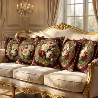 Cotton Feel Imperial Maroon Rose Cushion Covers – Luxury Floral Pillow Covers for Elegant Homes(Set of 5)