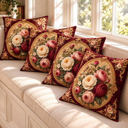 Cotton Feel Imperial Maroon Rose Cushion Covers – Luxury Floral Pillow Covers for Elegant Homes(Set of 5)