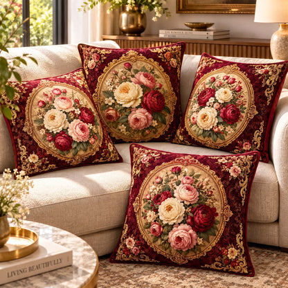 Cotton Feel Imperial Maroon Rose Cushion Covers – Luxury Floral Pillow Covers for Elegant Homes(Set of 5)