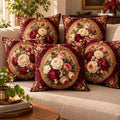 Cotton Feel Imperial Maroon Rose Cushion Covers – Luxury Floral Pillow Covers for Elegant Homes(Set of 5)