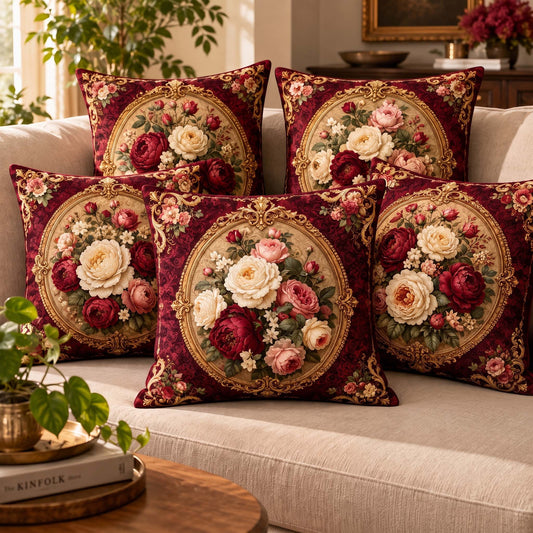 Cotton Feel Imperial Maroon Rose Cushion Covers – Luxury Floral Pillow Covers for Elegant Homes(Set of 5)