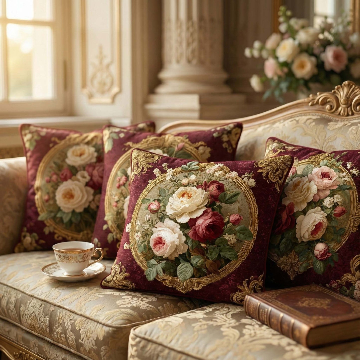 Cotton Feel Imperial Maroon Rose Cushion Covers – Luxury Floral Pillow Covers for Elegant Homes(Set of 5)