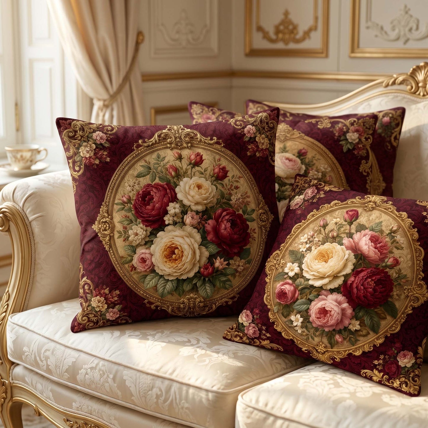 Cotton Feel Imperial Maroon Rose Cushion Covers – Luxury Floral Pillow Covers for Elegant Homes(Set of 5)