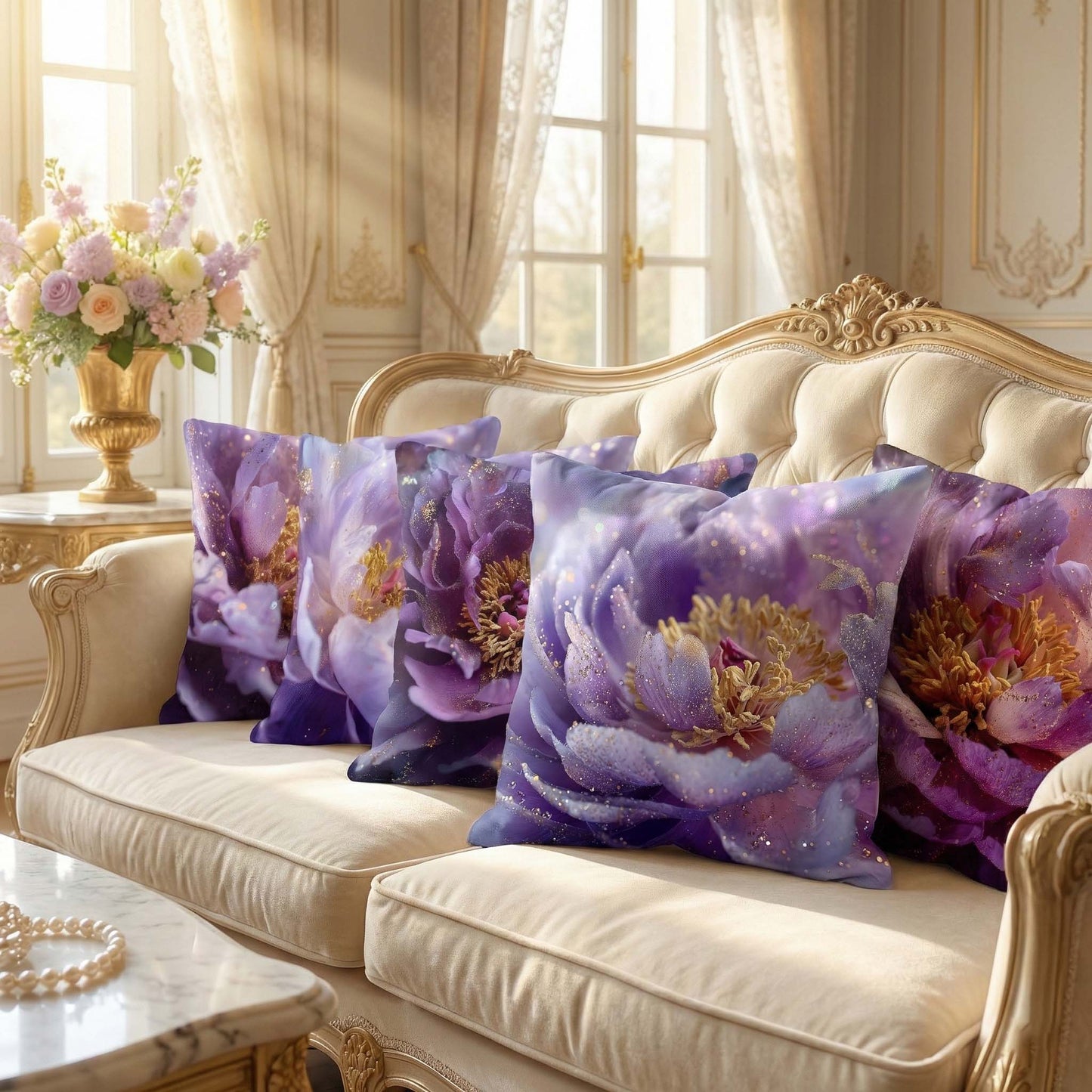 Cotton Feel Imperial Purple Peony Cushion Covers – Premium Designer Pillow Covers for Sofa & Lounge(Set of 5)