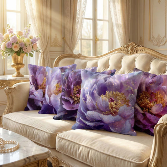 Cotton Feel Imperial Purple Peony Cushion Covers – Premium Designer Pillow Covers for Sofa & Lounge(Set of 5)