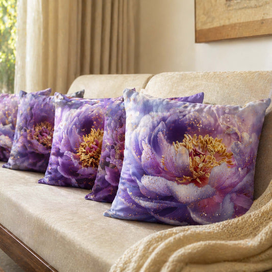 Cotton Feel Imperial Purple Peony Cushion Covers – Premium Designer Pillow Covers for Sofa & Lounge(Set of 5)