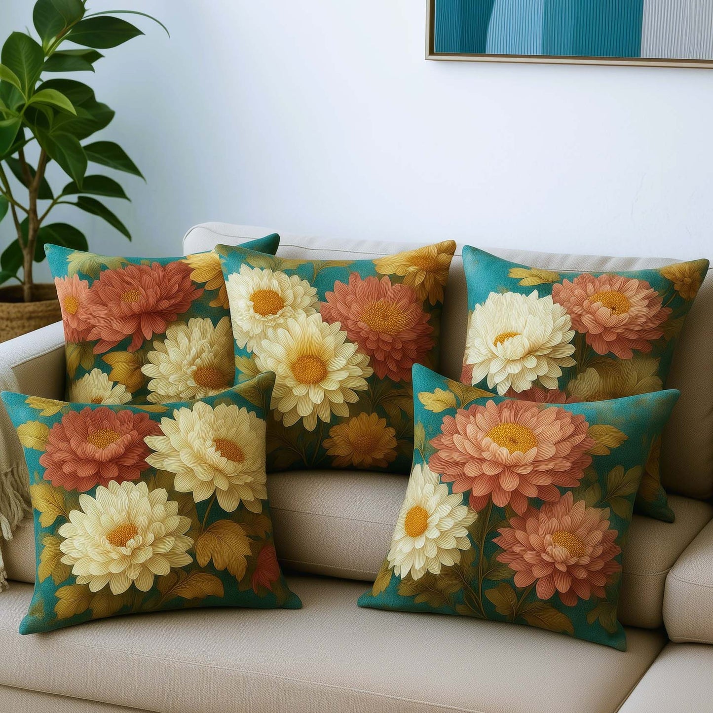 Cotton Feel Luxury Teal & Cream Dahlia Cushion Covers – Premium Floral Print Pillow Covers(Set of 5)