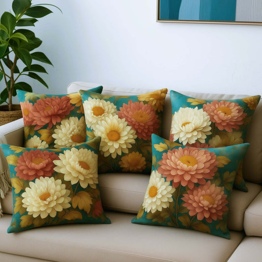Cotton Feel Luxury Teal & Cream Dahlia Cushion Covers – Premium Floral Print Pillow Covers(Set of 5)