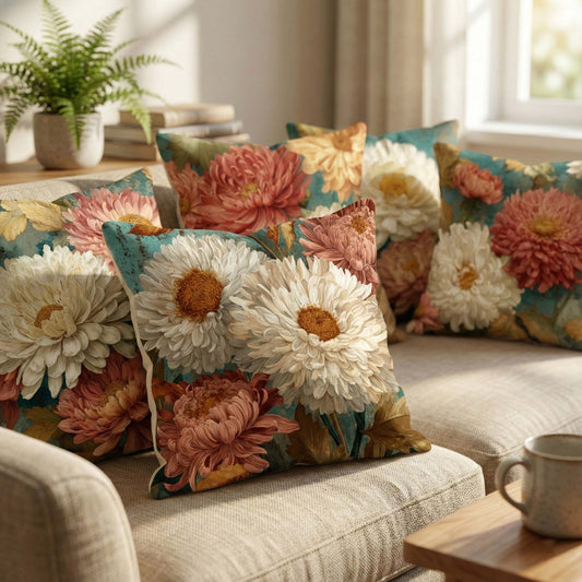 Cotton Feel Luxury Teal & Cream Dahlia Cushion Covers – Premium Floral Print Pillow Covers(Set of 5)