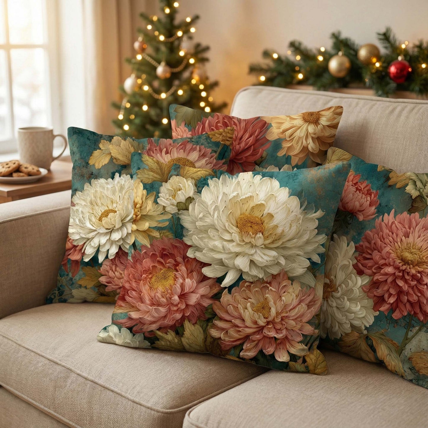 Cotton Feel Luxury Teal & Cream Dahlia Cushion Covers – Premium Floral Print Pillow Covers(Set of 5)